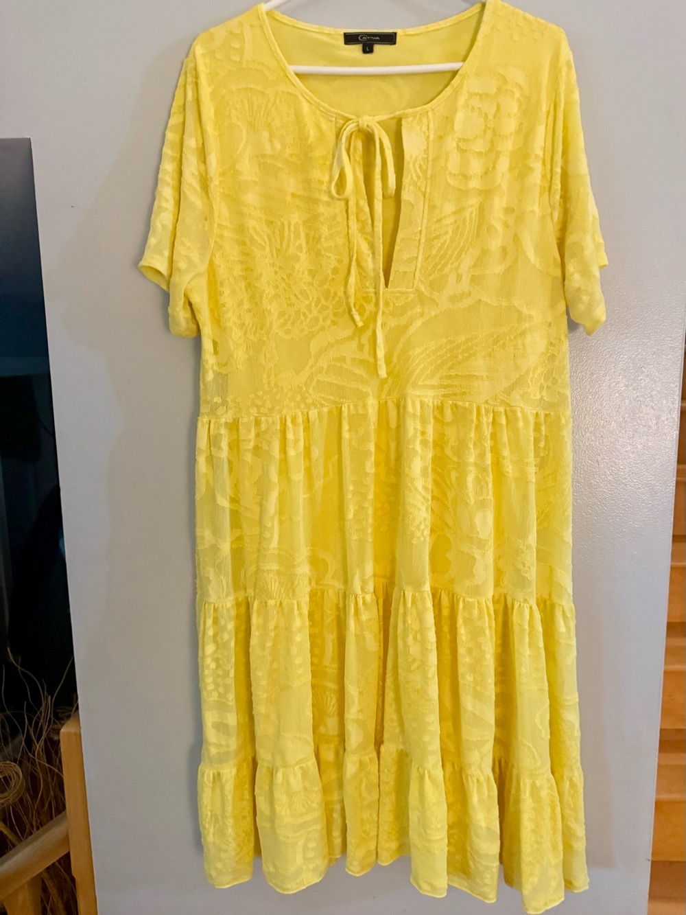 Cativa Yellow Jacquard Tiered Babydoll Dress Size L Tie Front